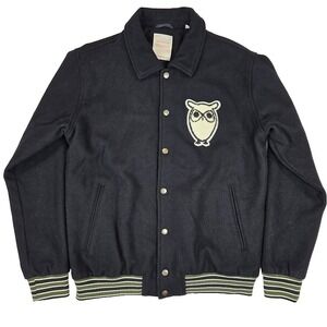 Knowledge Cotton Apparel Wool Blend Varsity‎ Jacket Men's L Navy Blue Owl